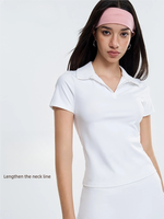 2 pièces élégantes Mini col polo blanc col en V personnalisé Femme Slim Sports Yoga Wear Sets Front Logo Solid Pattern Golf Clothing