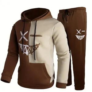 Good Quality Men's Casual Hooded Sweatshirt And Sweatpants Set Polyester Knit Fabric Tracksuits With Geometric Pattern