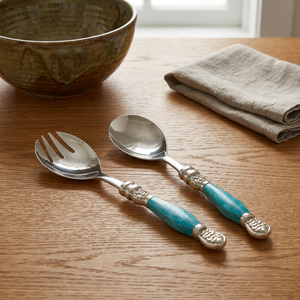 Handcrafted Metal Salad Serving Utensils with Bone Handle | Premium Wedding Collection Stainless Steel Spoon & Fork Set - Product Image 2