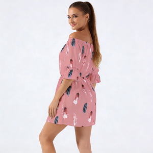 Oferta en Temu: Vestido Mini Casual con Estampado de Plumas y Hombros Descubiertos para Mujer, Manga Media, Cintura Elástica, Ideal para Vacaciones, Fiestas y Uso Diario - Product Image 3