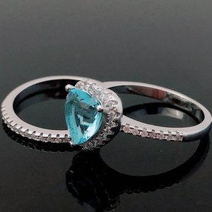 แหวนหมั้นเพชรพลอยรูปหัวใจประดับพลอยอะความารีนทรงฮาโล ประดับเพชร CZ  ขายดีสำหรับผู้หญิง  แหวนเงินแท้ S925  ขายส่ง แหวนซ้อนกันได้ - Product Image 3