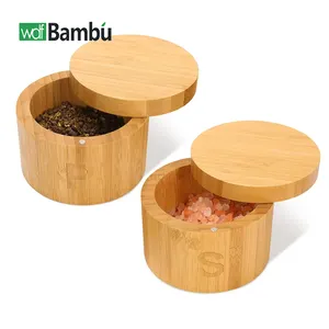 Custom Salt Spice Box With Magnetic Lid Bamboo Salt Cellar With Spoon Set Sea Salt Pepper Bowls For Spices Container Holder
