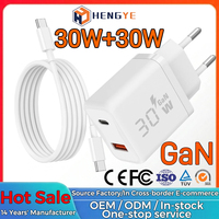 Adaptador de Viaje, Cargador GaN de 30W Ultra Delgado, Cargador USB-C PD de 30W, Enchufe Europeo, Cable USB Tipo-C con Bloque de Carga Rápida