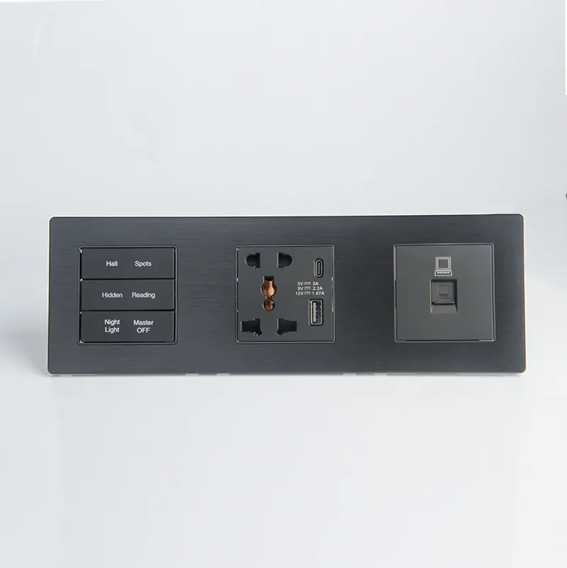 3 Aangesloten Zwart Aluminium Bed Smart Hotel Socket Met Usb Opladen & R45 Internet Socket & 12V Droog Contact 6-knop Schakelaar