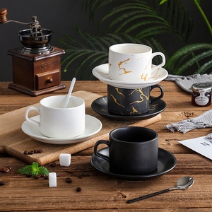 Taza de café de porcelana con textura de mármol de 220cc al por mayor, juego de platillos de cerámica, café con leche expreso personalizado para tazas de té, platillos - Product Image 2