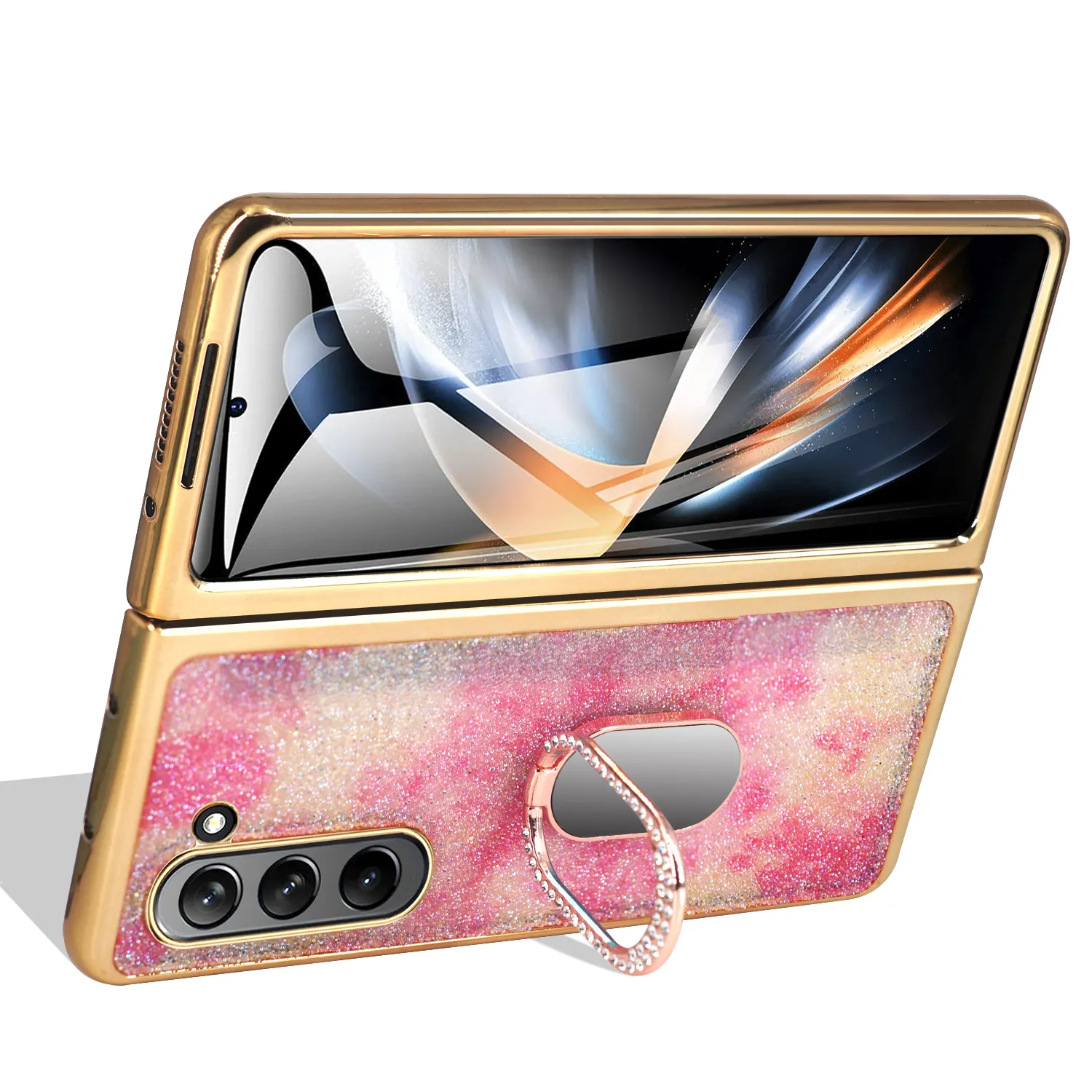 VIETAO 2 in 1 tasarım Z Fold 5 vaka Glitter kristal elmas katlanır kapak parmak yüzük ile Samsung Galaxy Z Fold 5 4 3 vaka