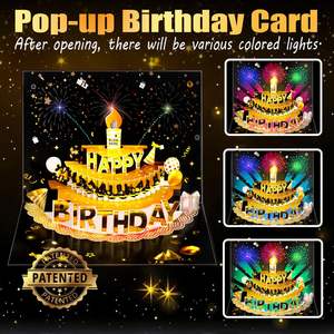 Cartes d'anniversaire pop-up avec lumière LED et musique, avec bougie qui s'éteint, ballons 3D chantant Joyeux Anniversaire, cadeau de remise de diplôme en papier - Product Image 2