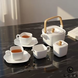 Service à thé en céramique théière tasse avec soucoupe en céramique plateau couvercle en bois <span class=keywords><strong>de</strong></span> bambou pot à <span class=keywords><strong>lait</strong></span> bidon conception différente pour le bureau à domicile - Product Image 1
