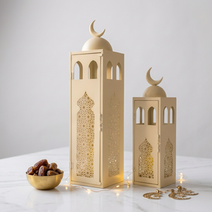 Faroles Beige con Forma de Mezquita, con Decoración Lunar y Recortes Geométricos para la Decoración del Hogar en Ramadán - Product Image 3