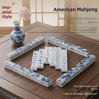 Ensemble de Mahjong traditionnel chinois bleu et blanc en acrylique, avec tapis de jeu antidérapant pour la maison, coffret cadeau