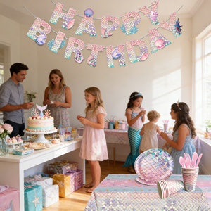 Juego de Vajilla Desechable de Papel con Temática de <span class=keywords><strong>Sirena</strong></span>, Pancarta de Feliz Cumpleaños, Decoración para Fiesta en <span class=keywords><strong>la</strong></span> Piscina, para Restaurantes Temáticos - Product Image 2