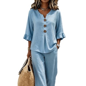 Ensemble de costume décontracté pour femmes, haut à manches trois-quarts à volants et pantalon, deux pièces, bleu clair, mélange de coton, Europe et Amérique - Product Image 5