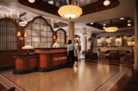 Comptoir de buffet de restaurant moderne en marbre sur mesure, mobilier commercial pour les intérieurs d'hôtels, de restaurants et de pubs