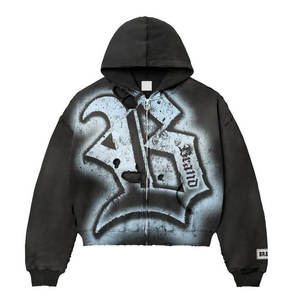 Mens Purple Distressed <b>Hoodie</b> with Yellow <b>Graphic</b> Vintage Style <b>Zip</b> <b>Up</b> Streetwear Casual Oversized Sweatshirt for Trendy Urban - Product Image 2