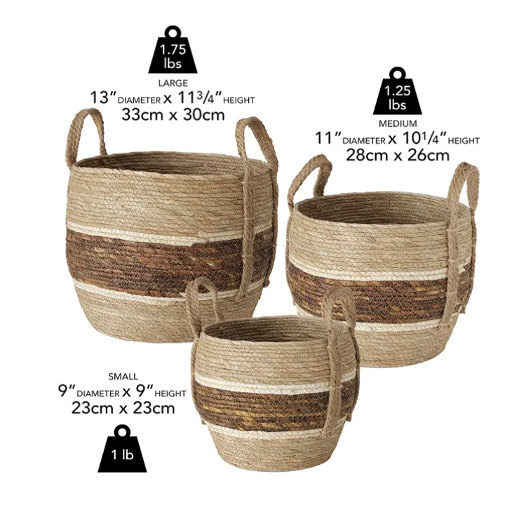 Cesta de bambu de milho redonda, conjunto de 3 cestas para banheiro, brinquedo, lavanderia, corda, cesta de armazenamento trançada com alça