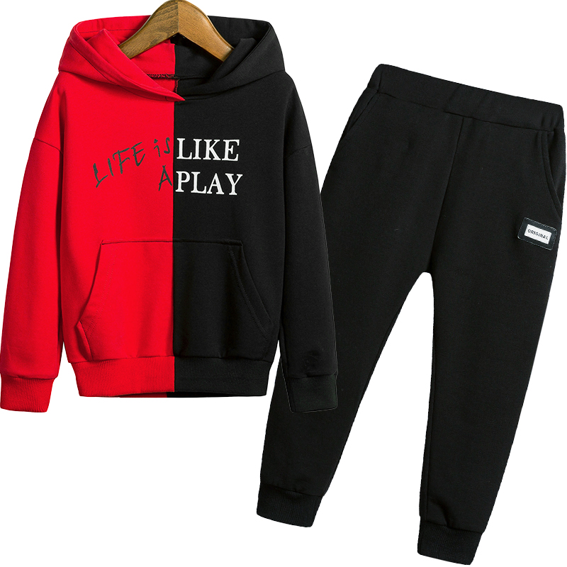 Детский двухцветный недорогой пуловер с капюшоном и карманом-кенгуру, оптовая продажа комплектов одежды для мальчиков с цветными блоками