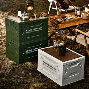 Outdoor <b>Camping</b> <b>Storage</b> <b>Box</b> Folding Plastic With Wooden Lid Car Trunk Organizer Military Green Rectangle Foldable - Product Image 4
