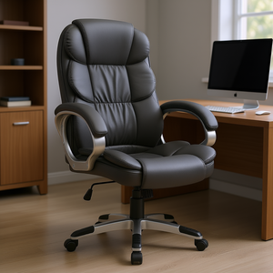 Chaise de bureau de direction à dossier haut en cuir gris foncé, siège pivotant, design ergonomique, style contemporain, base en métal - Product Image 2