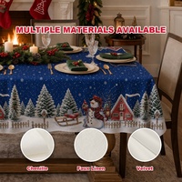 Nappe de Noël bleue en gros, motif village enneigé, maison de campagne, bonhomme de neige, pour dîner, fournisseur pour fêtes de fin d'année