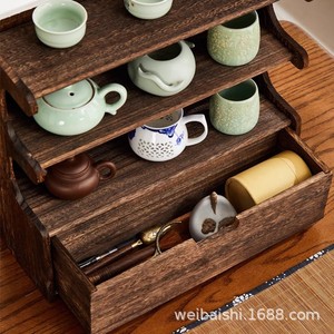 Support pour tasses à thé en bois massif de style chinois, étagère de présentation sur table, 42x15x38 Cm, pour rangement dans le salon - Product Image 2