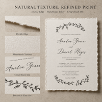 Suite d'invitations de mariage personnalisées à bords festonnés, papier fait main avec impression de croquis botaniques minimalistes, carte RSVP et carte de détails