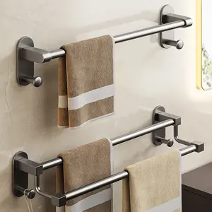 Toallero adhesivo de acero inoxidable 304 para baño, montaje en pared gris, de buena calidad, con barras de toalla y ganchos para toalla