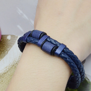 Dark Blue Men's Braided <b>Leather</b> <b>Bracelet</b> Multi Layer Foldable 7.5in 8.5in 9in Fashion Cuff Accessory - Product Image 3