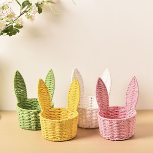 Panier en corde de papier tressé en forme d'oreilles de lapin, vert, jaune, rose, blanc, fait main, décoration de Pâques, panier de rangement - Product Image 4