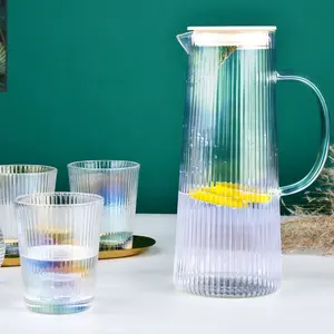 Juego de jarra de agua de vidrio con tapa para zumo y bebida fría, jarra alta con mango para beber té, 4 tazas