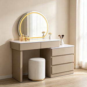 Modern Beige Makeup <b>Vanity</b> With Round LED Mirror Storage Cabinet And White Stool Bedroom Dressing <b>Table</b> - Product Image 2