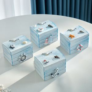 Ocean-themed Wooden <b>Storage</b> Box Set Rectangular Stackable Mediterranean-style Decorative Ornament Living Room <b>Tabletop</b> Prop - Product Image 3