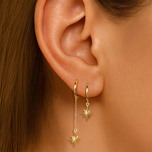 Boucles d'oreilles pendantes asymétriques en argent sterling S925 style AB, motif étoile à huit branches géométrique minimaliste avec pompon - Product Image 4