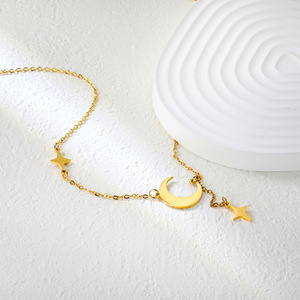 Moon And <b>Star</b> Pendant Necklace 18k Gold Plated Stainless Steel Geometric <b>Design</b> Daily Wear Clavicle Chain - Product Image 2