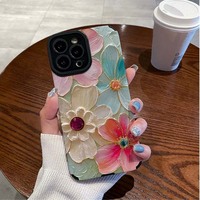 Étui de téléphone portable en cuir artificiel TPU avec impression de fleurs roses et bleues, peinture à l'huile, pour iPhone X Xr 11 12 13 14 15 16 17 18 Pro Max