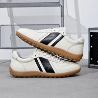 Sepatu Sneakers Kulit Asli Pria Retro Low Top, Sepatu Kasual Garis Samping Hitam, Sol Karet Gum Dot Tread, Alas Kaki Jalan Kaki Grosir