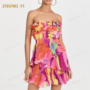 Abbigliamento personalizzato estate donna stampa floreale senza spalline corto parzialmente elasticizzato arricciato spalline aperte dietro Mini abiti Sexy - Product Image 2