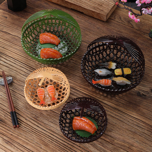 Creative Imitation Bamboo Woven Japanese Fruit Basket Round Snack <b>Plate</b> For Home Hotel Use Green Yellow Brown - Product Image 1