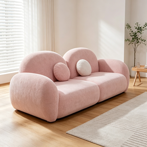 Canapé trois places moderne en tissu bouclé rose avec accoudoirs incurvés, dossier capitonné et pieds en bois - Meuble polyvalent pour salon - Product Image 3