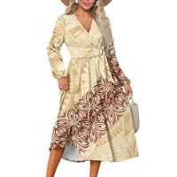 Nouvelle arrivée de robe à nouer à manches longues et taille décontractée de grande taille à imprimé tribal de l'île polynésienne personnalisée