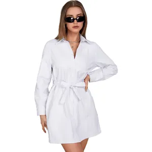 Customize Casual Daily White Long Sleeve Midi Dress Fashion Loose Lace up Belt Women's Shirt Dress