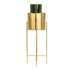 Modern Mid Century Brass Gold Planter with Gold Stand | 7 Inch Large Planter Pot with Metal Stand | Flower Pot Living Room Decor