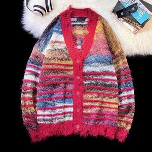 Cárdigan personalizado de mohair para hombre, suéter de punto a rayas de invierno de manga larga con cuello redondo - Product Image 6