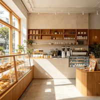 Aménagement de magasin de vente au détail axé sur le design pour café moderne avec vitrine de boulangerie et comptoir de bar à café pour livraison mondiale