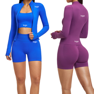 Ensemble de yoga 3 pièces sans couture <span class=keywords><strong>pour</strong></span> <span class=keywords><strong>femme</strong></span> : veste courte à manches longues, soutien-gorge de sport et short cycliste taille haute – Tenue de sport <span class=keywords><strong>pour</strong></span> la gym et l'entraînement - Product Image 1