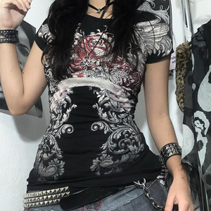 Vintage Gothic Print Slim Fit T Shirt Women Short Sleeve Crew Neck Graphic Tee Y2K Street Style Casual Summer Top - Product Image 1