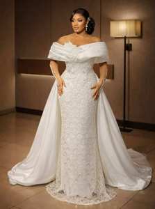 S4544L Nouvelle Robe de Mariée Élégante à Épaules Dénudées, Broderie Florale en Dentelle, Coupe Sirène à Traîne Courte, pour Vente en Gros (Dropshipping) - Product Image 2