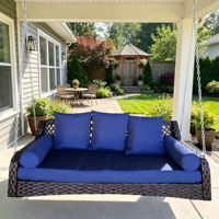 Fauteuil suspendu en rotin à 3 places avec structure en acier allié, pour jardin, terrasse, véranda, avec coussins et oreillers