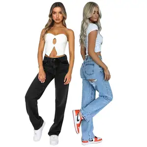 2022 New Style Ladies Casual Butt Rip Jeans Hole Pants Bayan Buyuk Beden Kot Pantolons Black Straight Leg Ripped Jeans For Woman