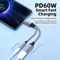 PD 60W Schnellladung 2-in-1 USB-C zu Typ-C 3,5mm Audio-Adapter Dual-Port-Splitter DC-Ausgang Kompatibel mit Kamera und Mobiltelefonen