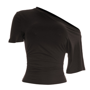 Viviblook Y26TP037 Camiseta de verano para mujer, Top corto informal con hombros descubiertos, cuello elástico de color sólido para mujer - Product Image 6